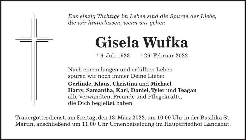 Traueranzeige Gisela Wufka