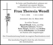 Traueranzeige Theresia Wendl