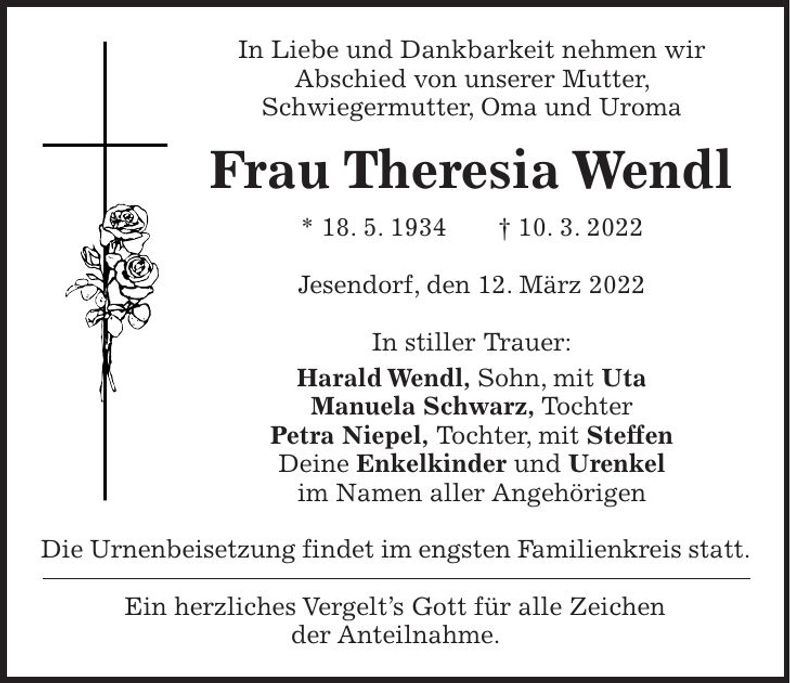 Traueranzeige Theresia Wendl