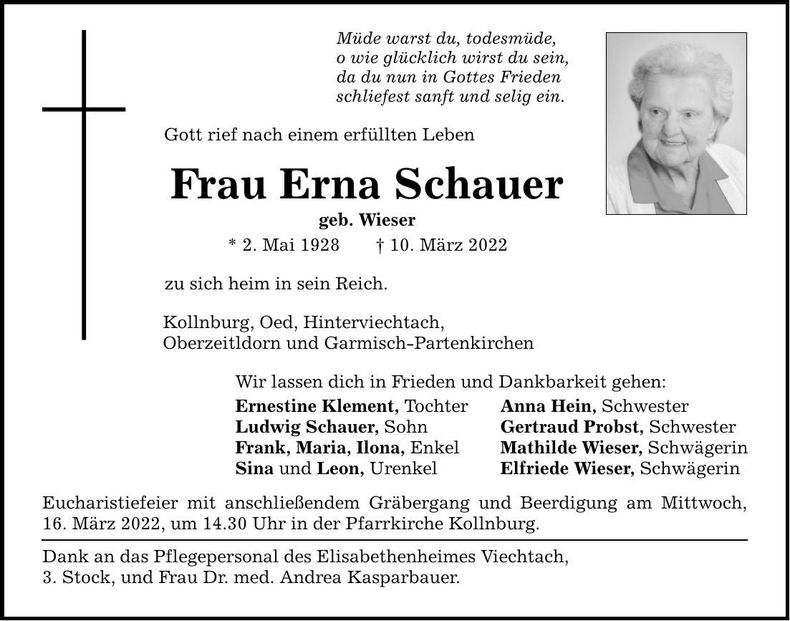 Traueranzeige Erna Schauer