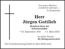 Traueranzeige Jürgen Gottlieb