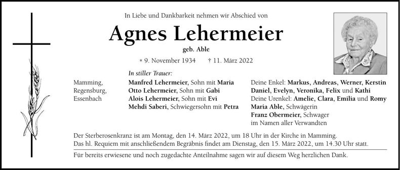Traueranzeige Agnes Lehermeier