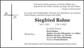 Traueranzeige Siegfried Rohne