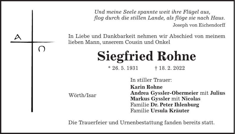 Traueranzeige Siegfried Rohne