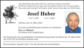 Traueranzeige Josef Huber