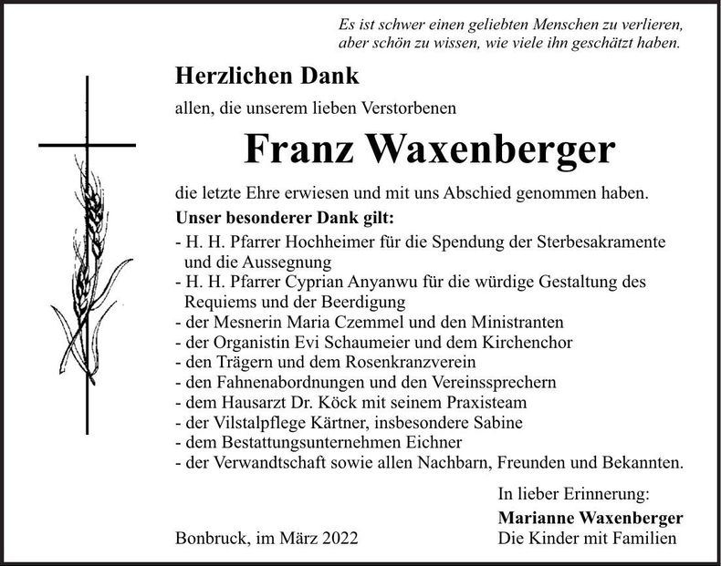 Traueranzeige Franz Waxenberger