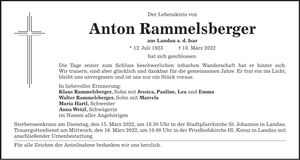 Traueranzeige Anton Rammelsberger