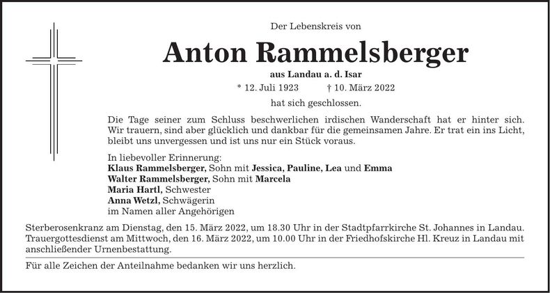 Traueranzeige Anton Rammelsberger
