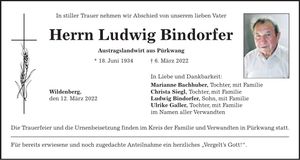 Traueranzeige Ludwig Bindorfer