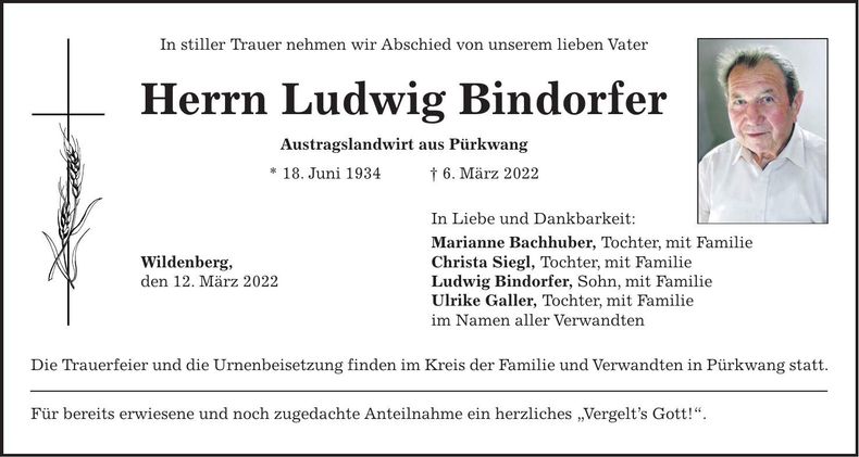 Traueranzeige Ludwig Bindorfer