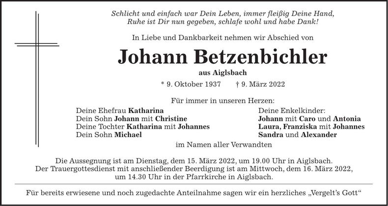 Traueranzeige Johann Betzenbichler