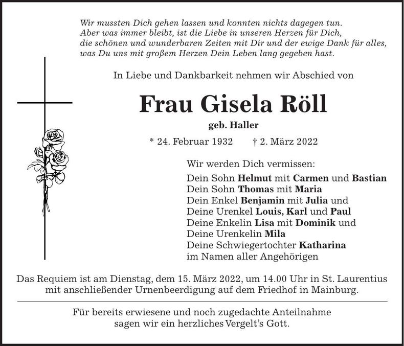 Traueranzeige Gisela Röll