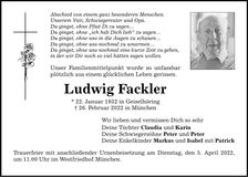 Traueranzeige Ludwig Fackler