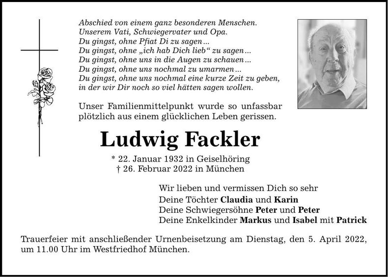 Traueranzeige Ludwig Fackler