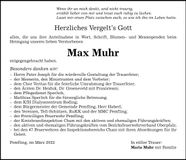 Traueranzeige Max Muhr