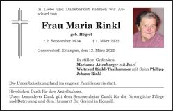 Traueranzeige Maria Rinkl