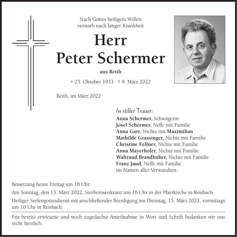 Traueranzeige Peter Schermer
