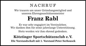 Traueranzeige Franz Rabl