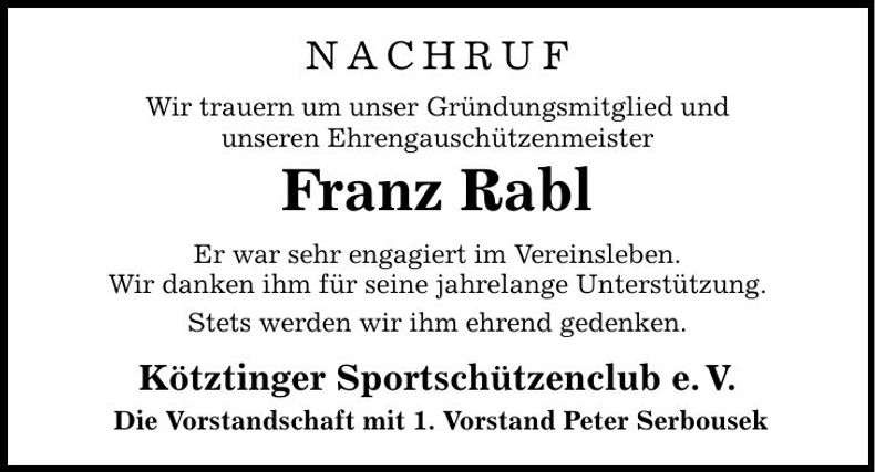 Traueranzeige Franz Rabl