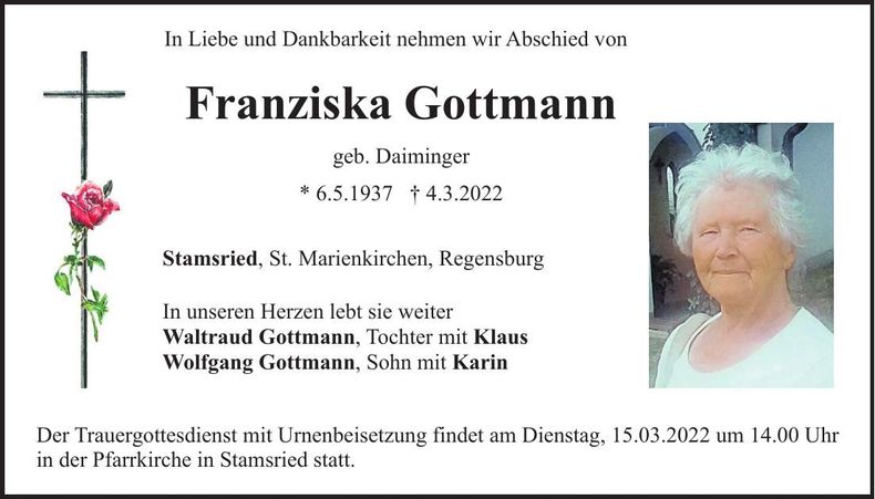 Traueranzeige Franziska Gottmann
