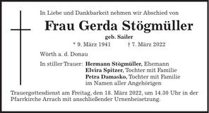 Traueranzeige Gerda Stögmüller