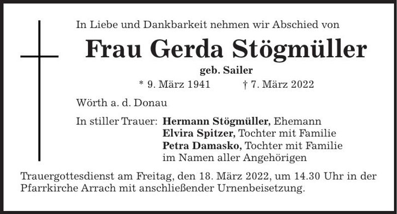Traueranzeige Gerda Stögmüller
