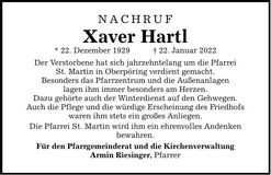 Traueranzeige Xaver Hartl