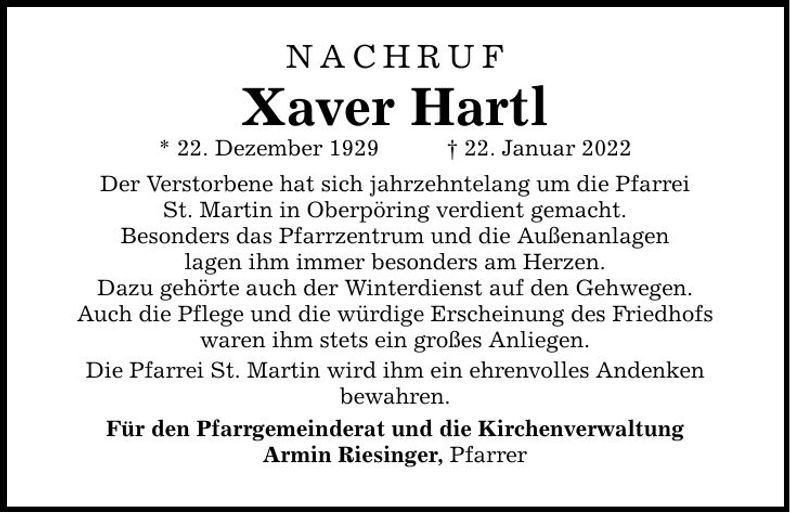 Traueranzeige Xaver Hartl