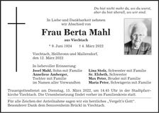Traueranzeige Berta Mahl
