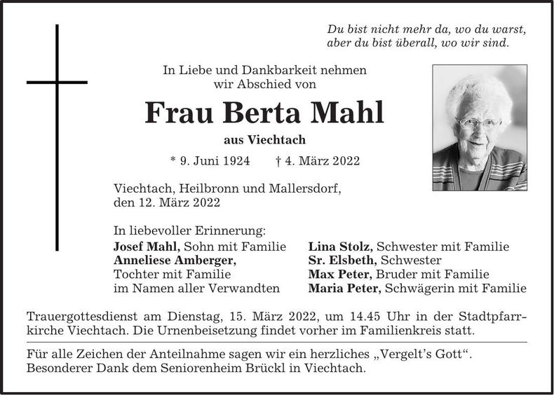 Traueranzeige Berta Mahl