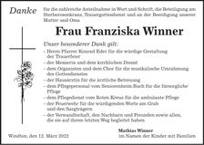 Traueranzeige Franziska Winner