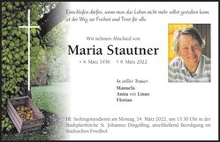 Traueranzeige Maria Stautner