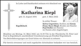 Traueranzeige Katharina Riepl