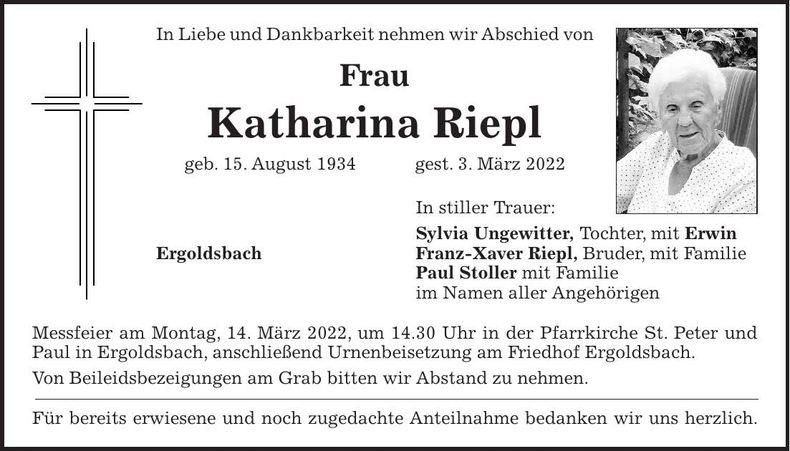 Traueranzeige Katharina Riepl