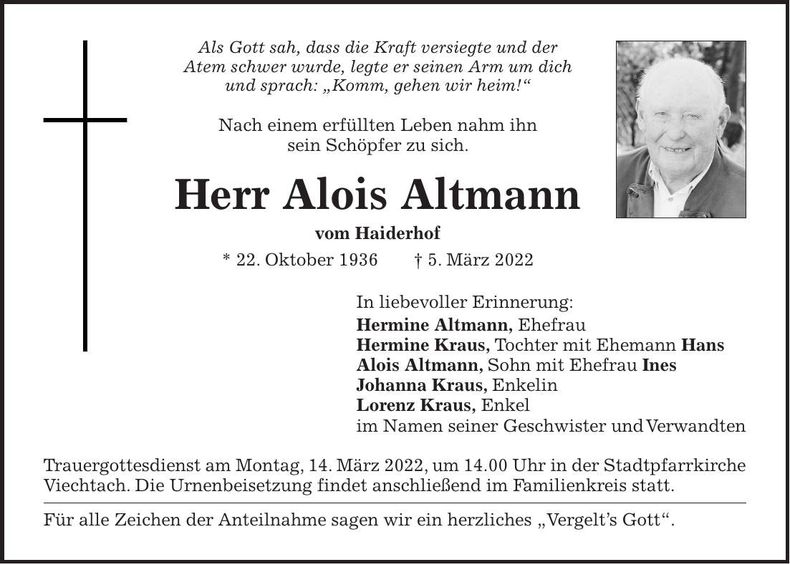 Traueranzeige Alois Altmann