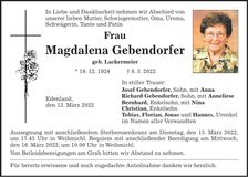 Traueranzeige Magdalena Gebendorfer