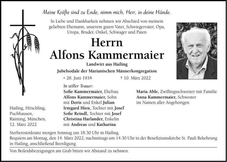 Traueranzeige Alfons Kammermaier