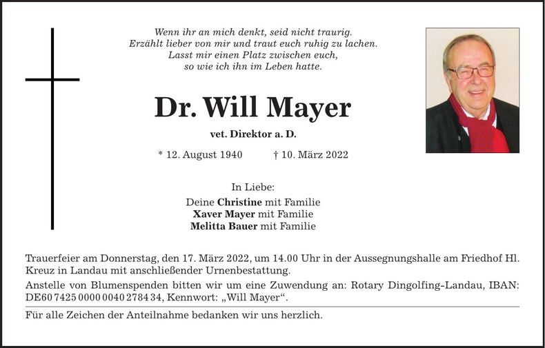 Traueranzeige Dr. Will Mayer