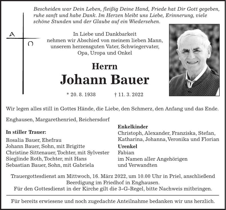 Traueranzeige Johann Bauer