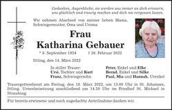 Traueranzeige Katharina Gebauer