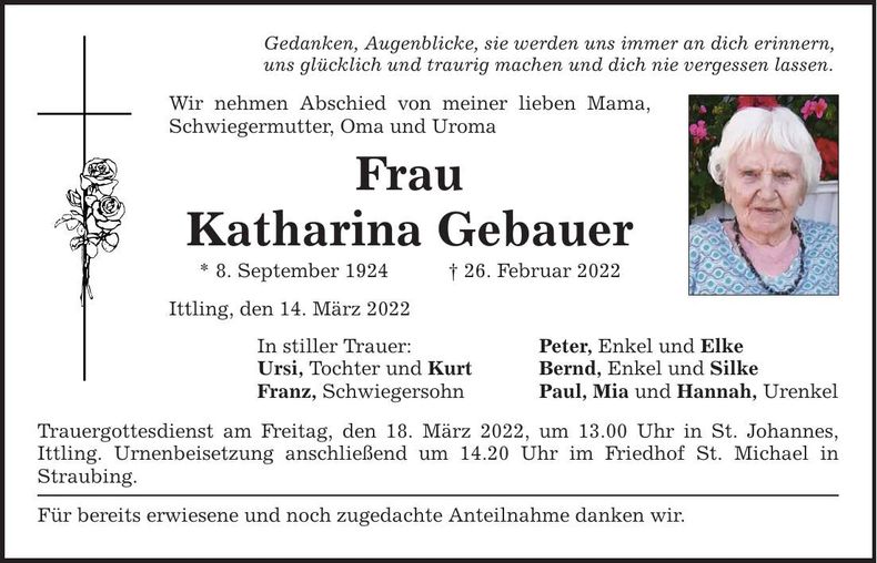 Traueranzeige Katharina Gebauer