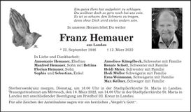 Traueranzeige Franz Hemauer