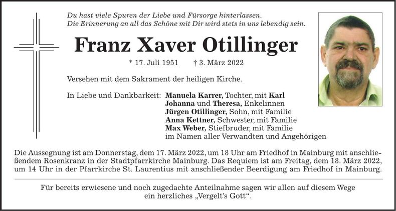 Traueranzeige Otillinger Franz Xaver