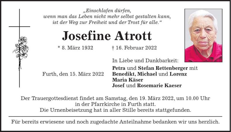 Traueranzeige Josefine Atrott