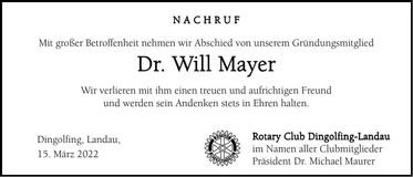 Traueranzeige Dr. Will Mayer
