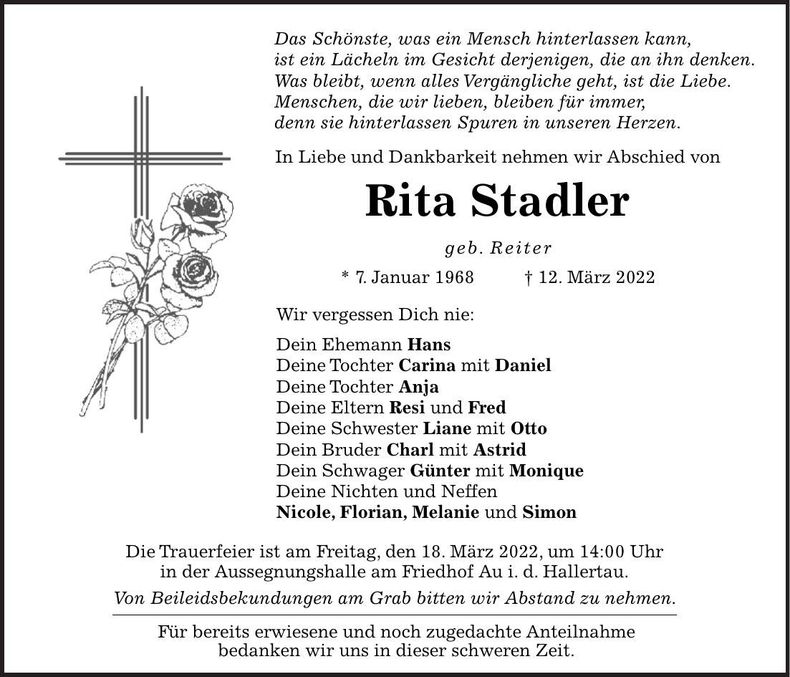 Traueranzeige Rita Stadler
