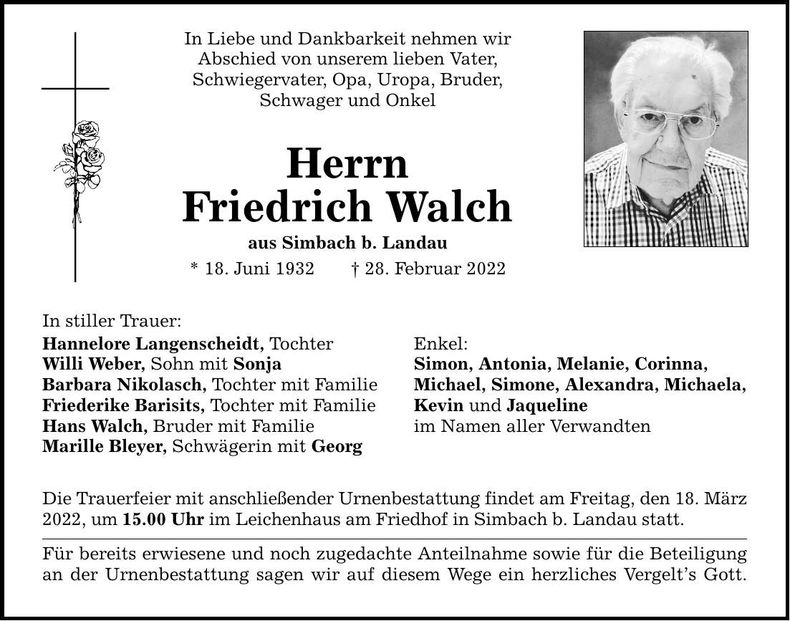 Traueranzeige Friedrich Walch