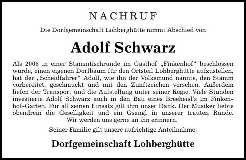 Traueranzeige Adolf Schwarz