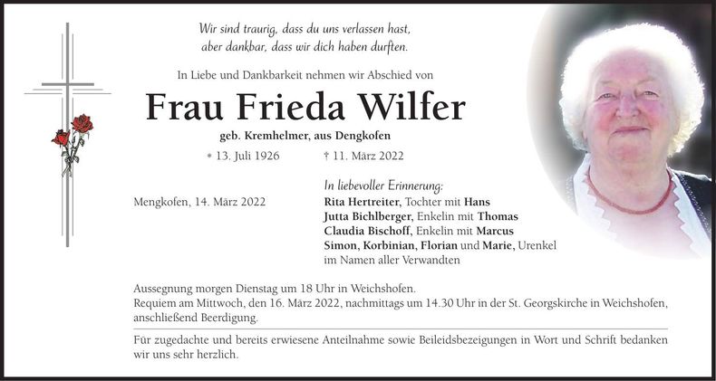 Traueranzeige Frieda Wilfer