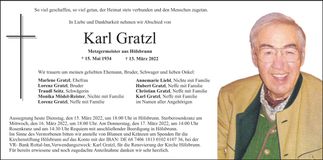 Traueranzeige Karl Gratzl